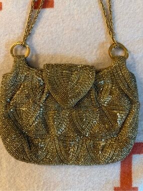 Walborg Gold Beaded Clutch with Chain Strap